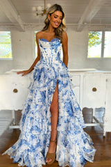 Stunning Pink A-Line Sweetheart Satin Top Long Print Tulle Prom Dress with Slit