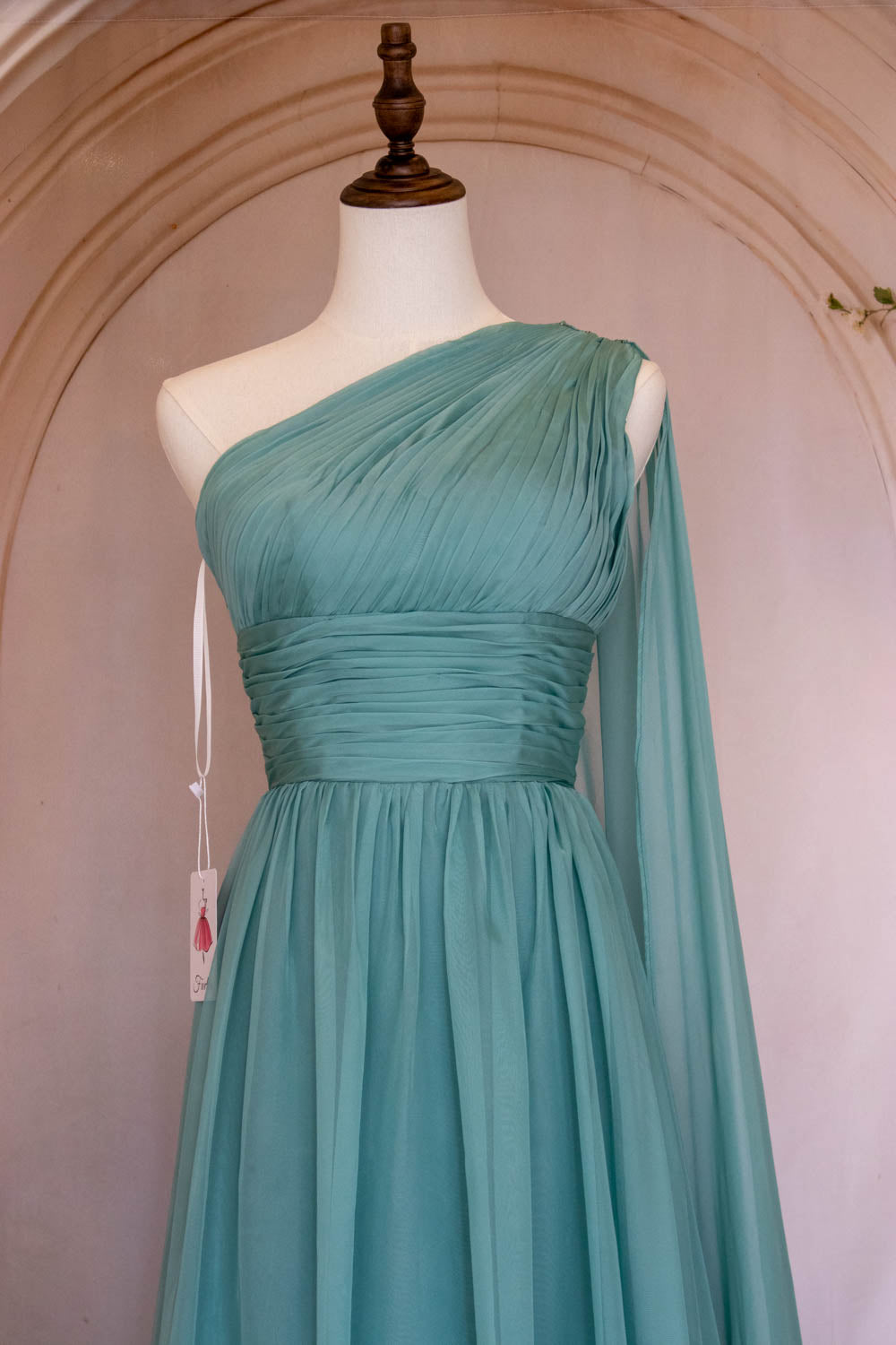 Elegant A Line One Shoulder Green Long Prom Dress with Ribbon