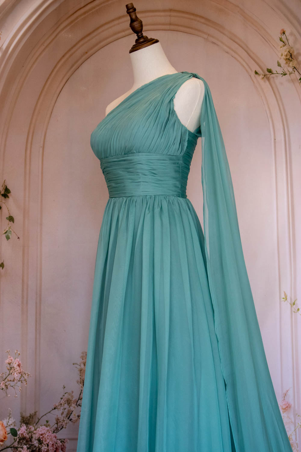 Elegant A Line One Shoulder Green Long Prom Dress with Ribbon