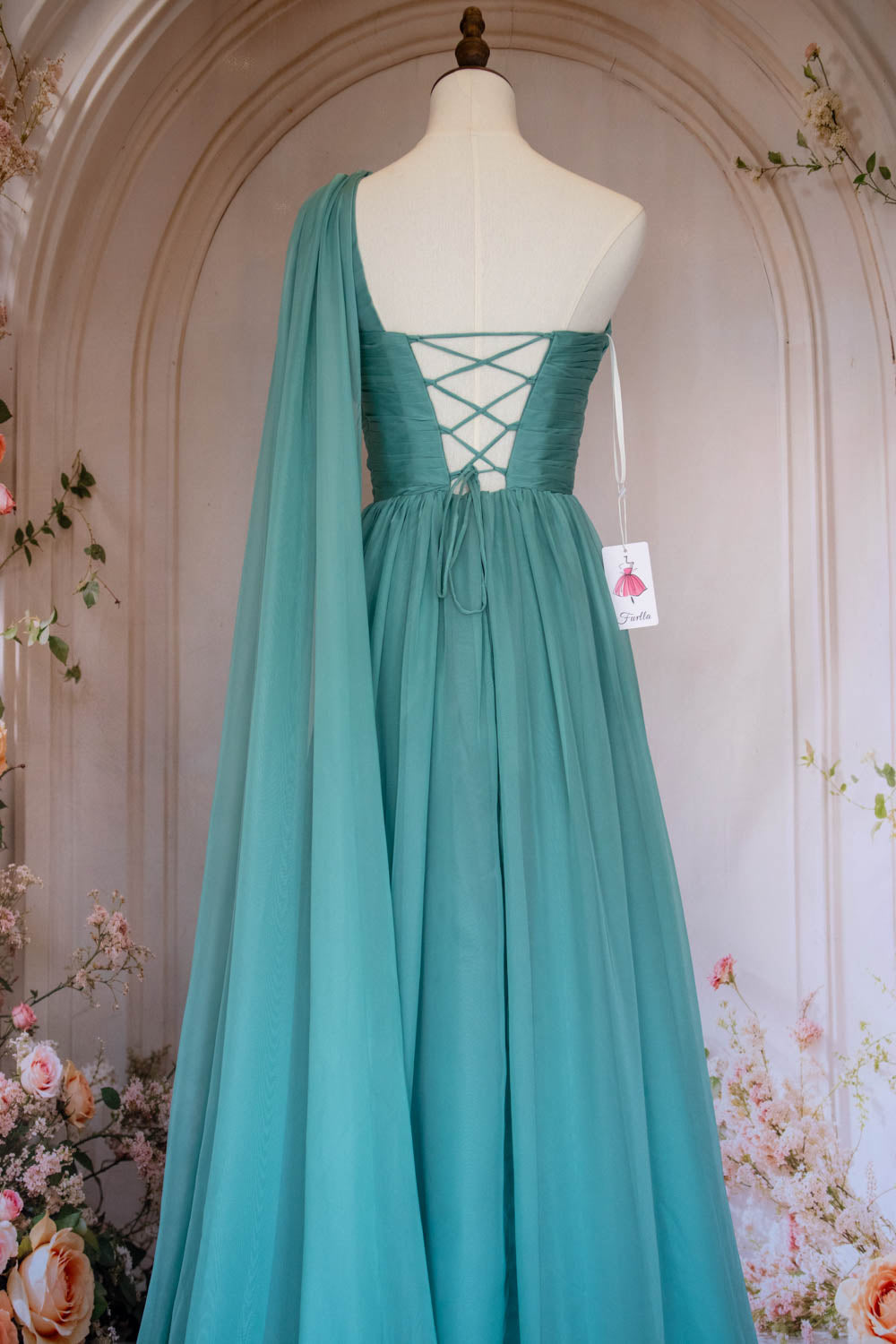 Elegant A Line One Shoulder Green Long Prom Dress with Ribbon