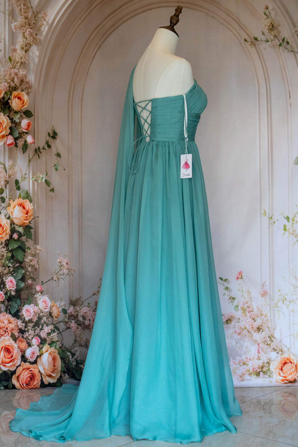 Elegant A Line One Shoulder Green Long Prom Dress with Ribbon