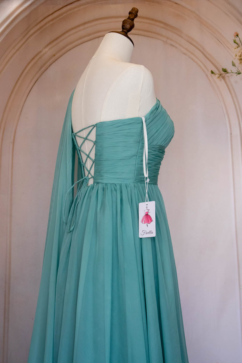 Elegant A Line One Shoulder Green Long Prom Dress with Ribbon