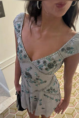 Elegant A Line V Neck Grey Short Homecoming Dress with Embroidery
