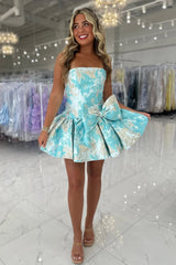 Elegant Aqua Jacquard Strapless Homecoming Dress with Bubble Skirt and Side Bow