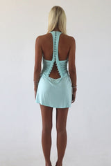 Elegant Baby Blue Homecoming Dress Featuring Ruched Bodice and Halter Neck