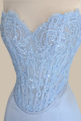 Elegant Baby Blue Strapless Mermaid Prom Dress with Lace Bodice and Choker