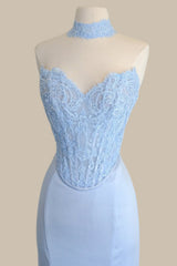 Elegant Baby Blue Strapless Mermaid Prom Dress with Lace Bodice and Choker