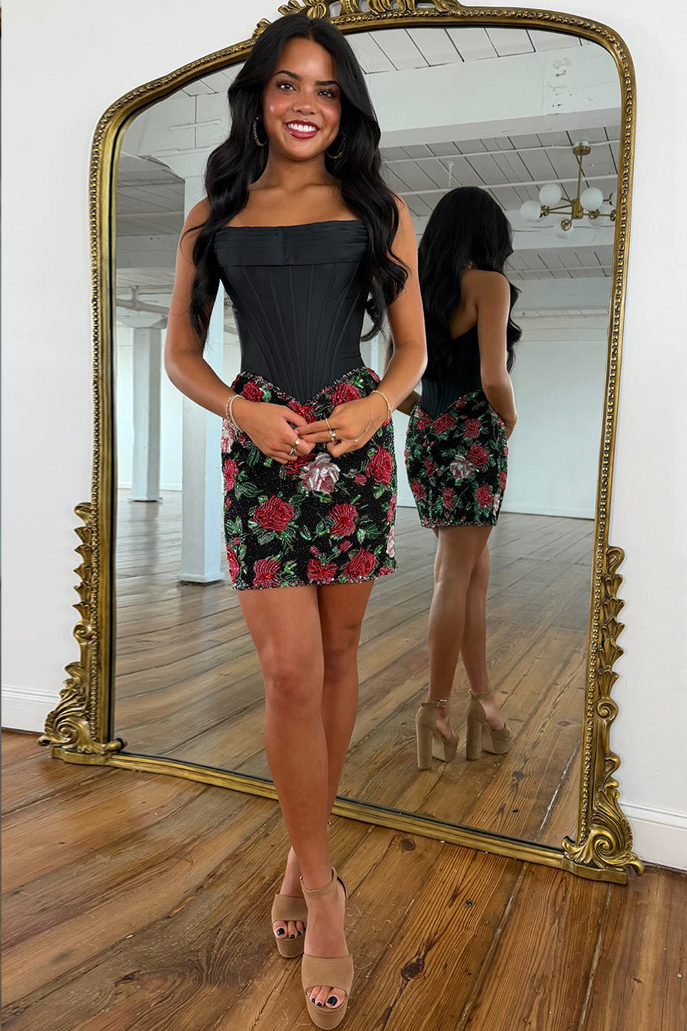 Elegant Black Corset Homecoming Dress with Red Floral Sequin Mini Skirt