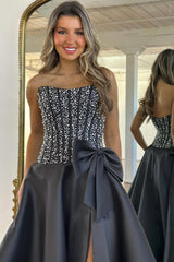 Elegant Black Satin Strapless Beaded Corset A-Line Prom Dress with Bow