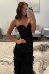Elegant Black Sweetheart Mermaid Lace Prom Dress With Ruffle Skirt