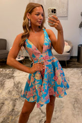 Elegant Blue Floral Brocade Homecoming Dress with V-Neck and Pink Gold Embroidery