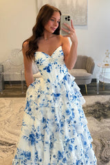 Elegant Blue Floral Sweetheart Tiered Prom Dress with Corset Bodice