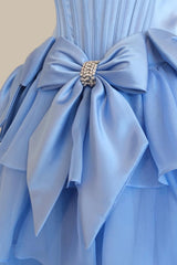Elegant Blue Satin Corset Ball Gown Prom Dress with Layered Ruffles