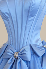 Elegant Blue Satin Corset Ball Gown Prom Dress with Layered Ruffles