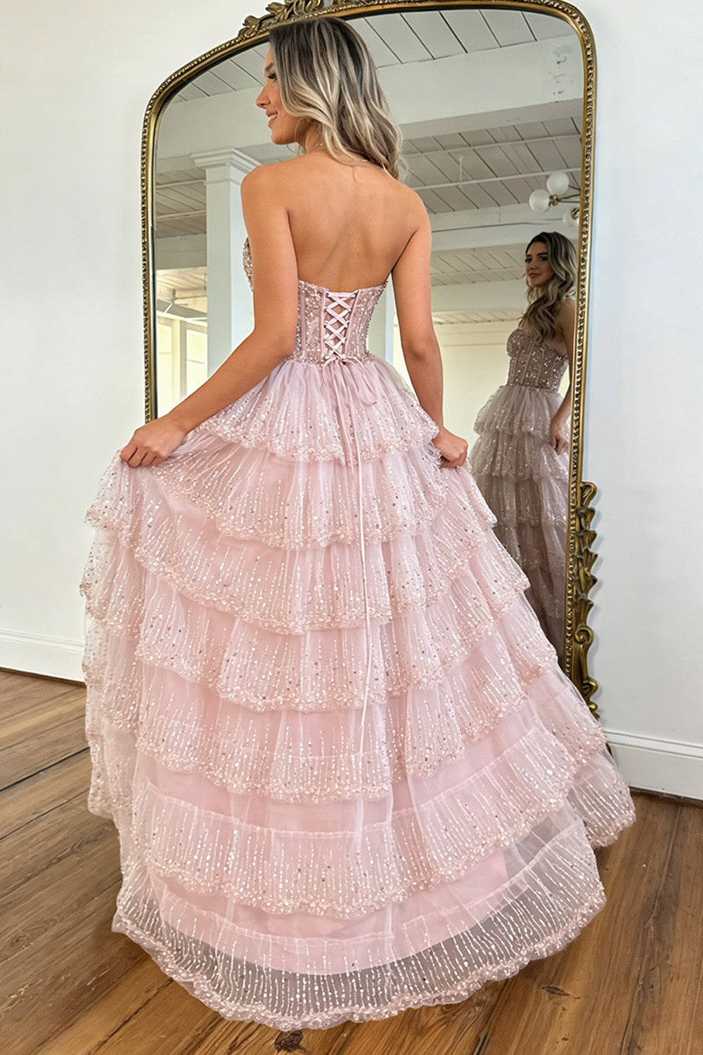 Furlla Women Elegant Blush Pink Sweethear Lace Up Tiered Tulle Prom Dress with Sparkle Furlla Official Furlla Women Elegant Blush Pink Sweethear Lace Up Tiered Tulle Prom Dress with Sparkle Furlla Official