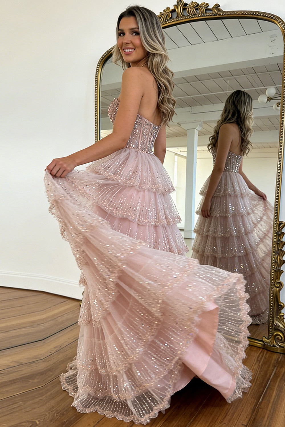 Furlla Women Elegant Blush Pink Sweethear Lace Up Tiered Tulle Prom Dress with Sparkle Furlla Official Furlla Women Elegant Blush Pink Sweethear Lace Up Tiered Tulle Prom Dress with Sparkle Furlla Official
