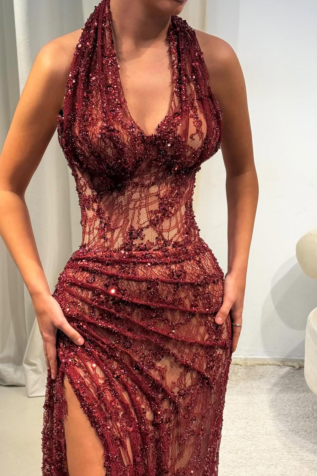 sequin halter neck mini dress Ché by Chelsey Allegra Sequin Halterneck Mini Dress in Burgundy – Ché by  Chelsey main image 0
