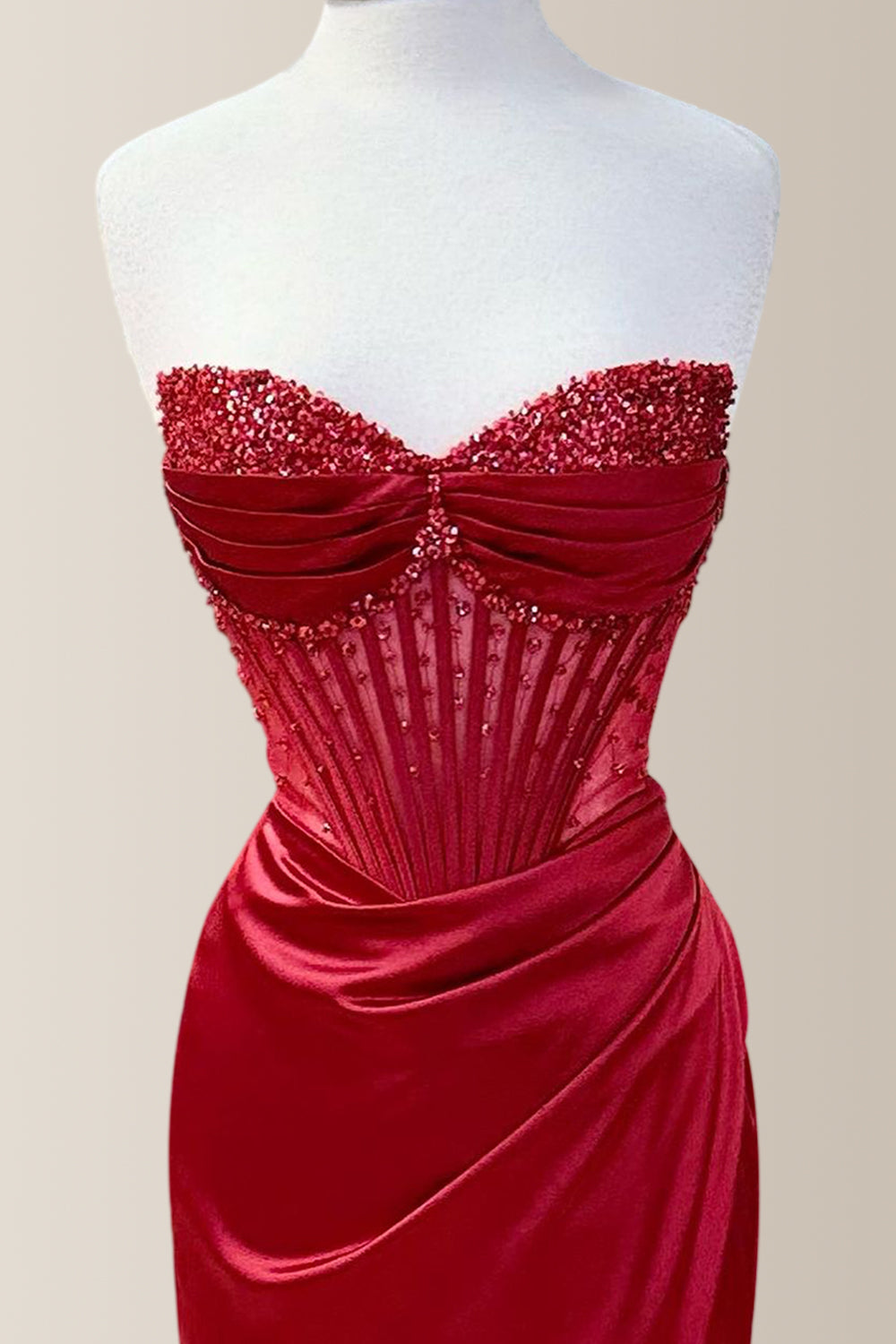 Elegant Dusty Blue Strapless Long Mermaid Satin Prom Dress With Beading