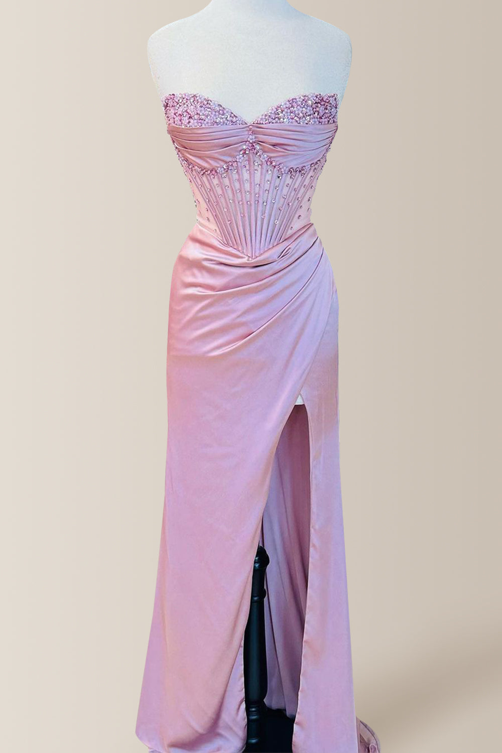 Elegant Dusty Blue Strapless Long Mermaid Satin Prom Dress With Beading