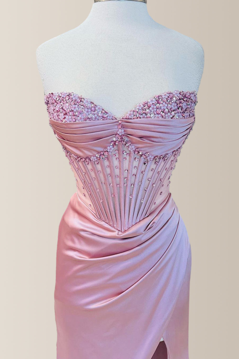 Elegant Dusty Blue Strapless Long Mermaid Satin Prom Dress With Beading