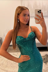 Elegant Emerald Green Spaghetti Straps Sparkly Prom Dress with High Slit