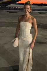 Elegant Ivory Strapless Sheath Prom Gown with Draped Waist & Slit