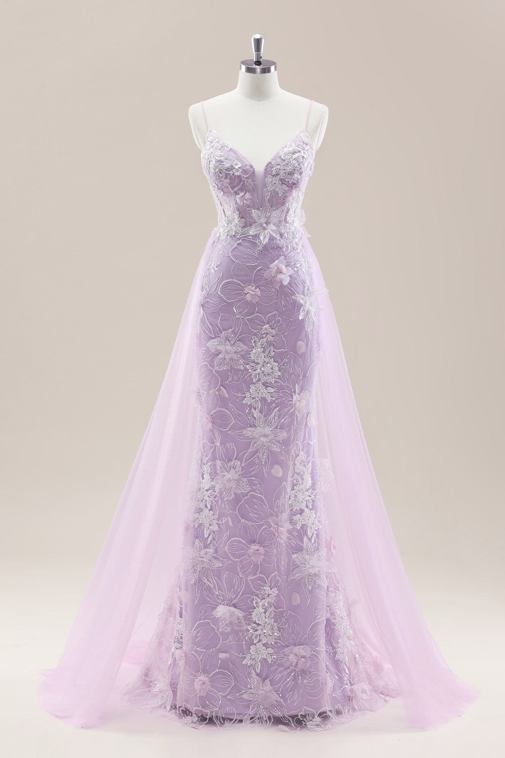Elegant Lavender Floral Lace Gown Spaghetti Straps and a Tulle Overskirt for Prom