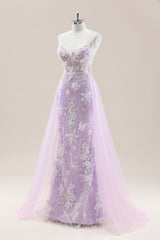 Elegant Lavender Floral Lace Gown Spaghetti Straps and a Tulle Overskirt for Prom