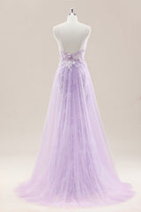 Elegant Lavender Floral Lace Gown Spaghetti Straps and a Tulle Overskirt for Prom
