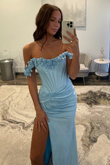 Elegant Light Blue 3D Roses Off Shoulder Ruched Satin Prom Dress with Slit