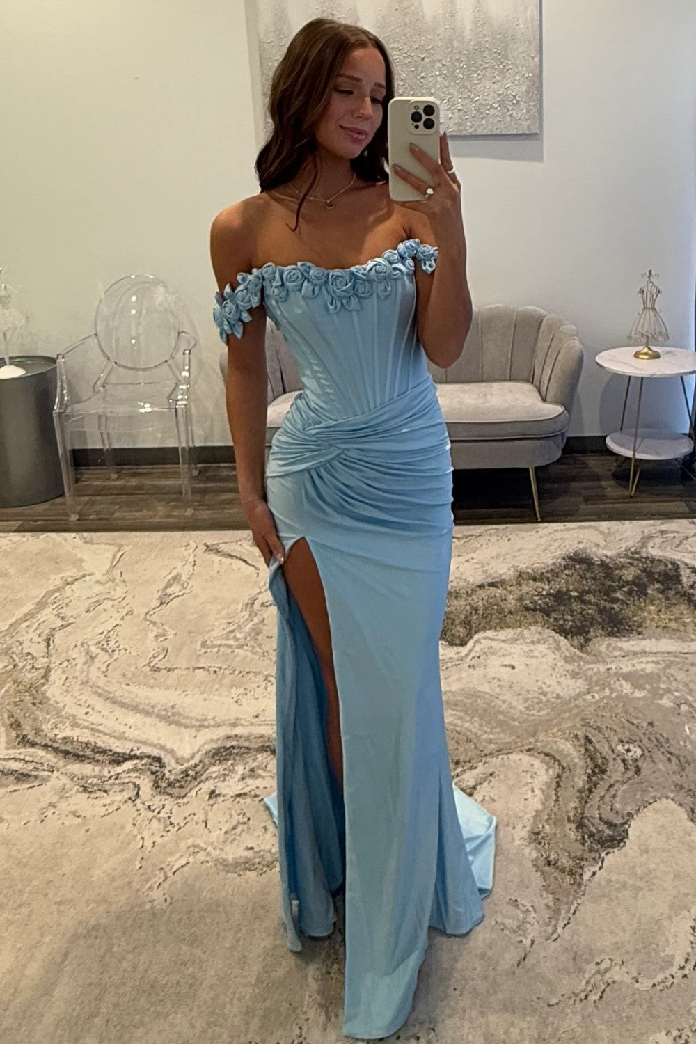 Elegant Light Blue 3D Roses Off Shoulder Ruched Satin Prom Dress with Slit