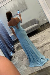 Elegant Light Blue 3D Roses Off Shoulder Ruched Satin Prom Dress with Slit