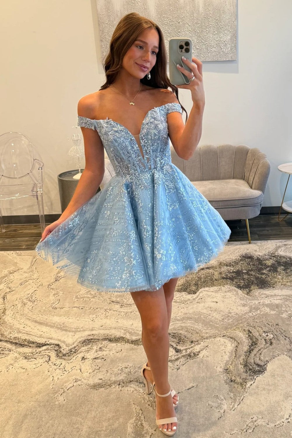 Furlla Women Elegant Light Blue Off Shoulder Lace Homecoming Dress with Glitter Tulle Skirt, Light Blue / US16