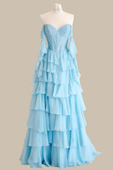 Elegant Light Blue Sweetheart Corset Prom Gown Featuring a Layered Ruffle Skirt