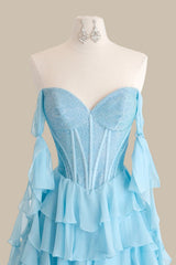 Elegant Light Blue Sweetheart Corset Prom Gown Featuring a Layered Ruffle Skirt