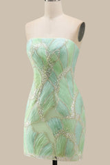 Elegant Mint Green Strapless Short Homecoming Dress with Beaded Leaf Appliques