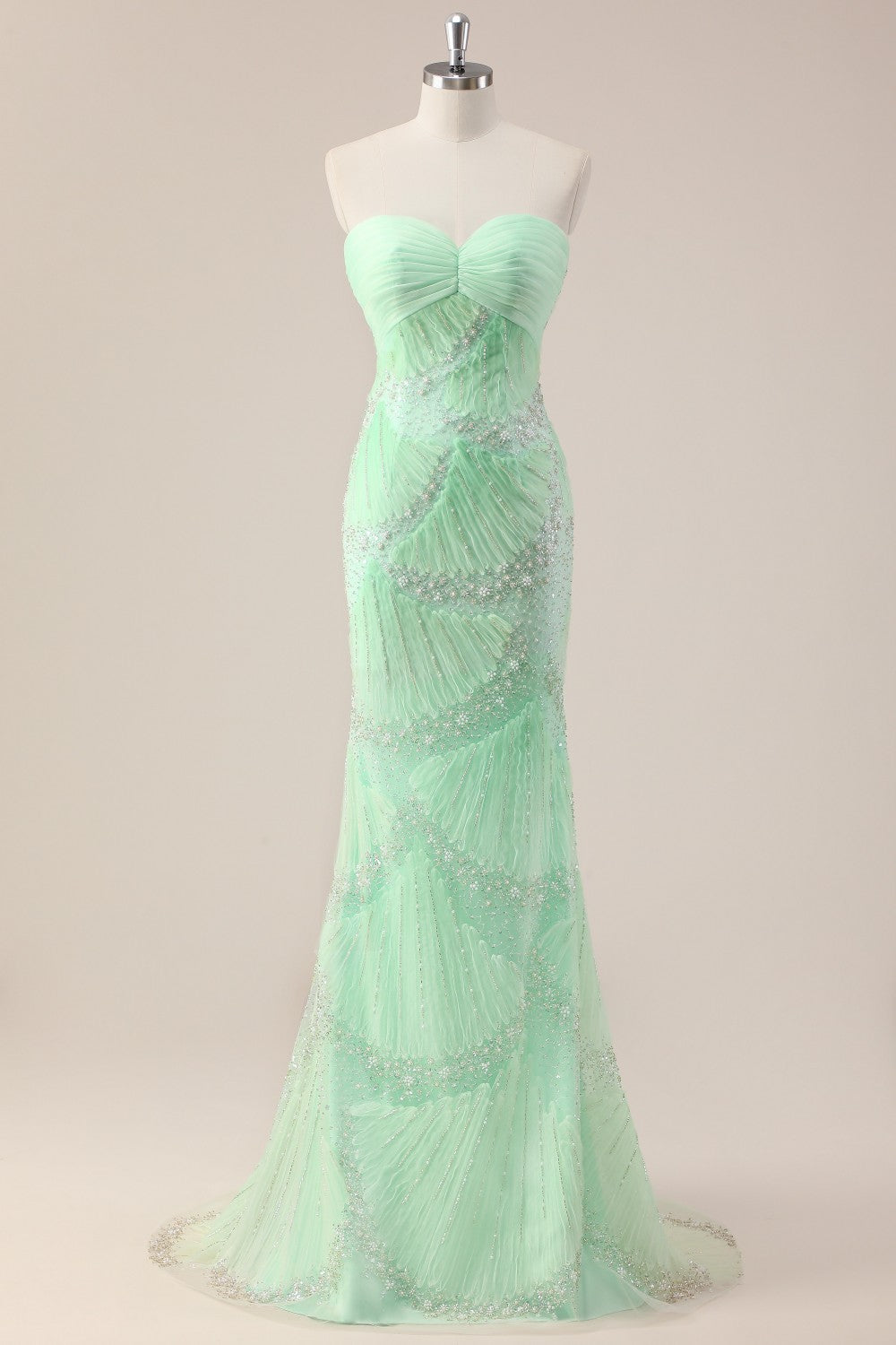 Mint Green Sweetheart Neckline Mermaid Gown Featuring Ruched Bodice and Elegant Beading for Prom