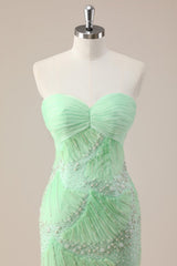 Mint Green Sweetheart Neckline Mermaid Gown Featuring Ruched Bodice and Elegant Beading for Prom