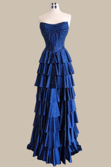 Elegant Navy Blue Strapless Prom Dress with Corset Bodice and Sparkle Beading