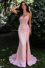 Elegant Pink Satin Prom Dress with Floral Embellishments and Side Slit
