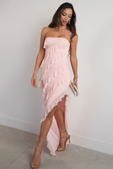 Elegant Pink Strapless Cascading Ruffle Long Prom Evening Dress