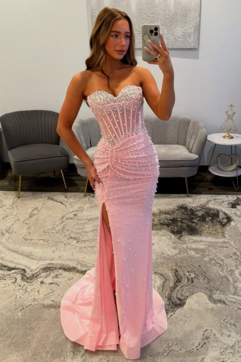 strapless sweetheart mermaid prom dress Floral Strapless Mermaid Dress by GLS Gloria GL3627 XL / Peach