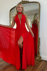 Elegant Red Chiffon Prom Dress Halter Style with Plunging V Neck and Leg Slit