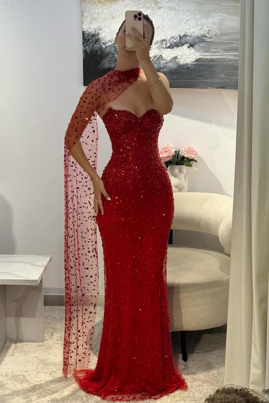 Furlla Women Elegant Red Sweetheart Beaded Fitted Mermaid Prom Dress with Scarf – Furlla Official