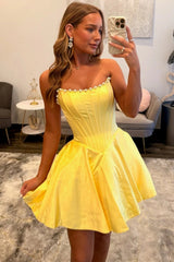 Elegant Satin Strapless Fit and Flare Homecoming Dress with Structured Corset