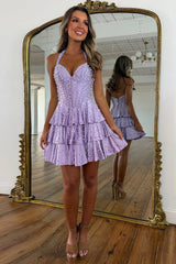 Sparkling Elegant Pearl Corset Homecoming Dress with Romantic Tiered Flowy Skirt