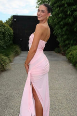 Elegant Strapless Pink Prom Dress with Ruched Bodice and High Slit