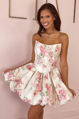 Elegant White Floral Strapless Jacquard Homecoming Party Dress with Puff Skirt