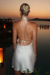 Elegant White Halter Backless Homecoming Dress with Lace Trim