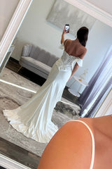 Elegant White Lace Off the Shoulder Prom Dress with Corset Bodice and High Slit